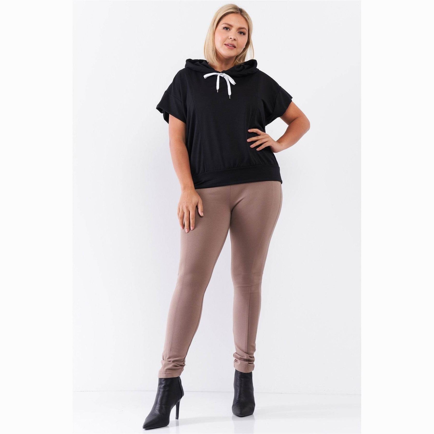 Black Short Wing Sleeve Draw String Tie Hood - VacationGrabs