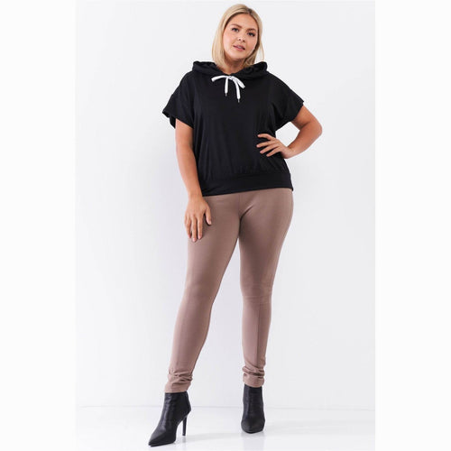 Black Short Wing Sleeve Draw String Tie Hood - VacationGrabs