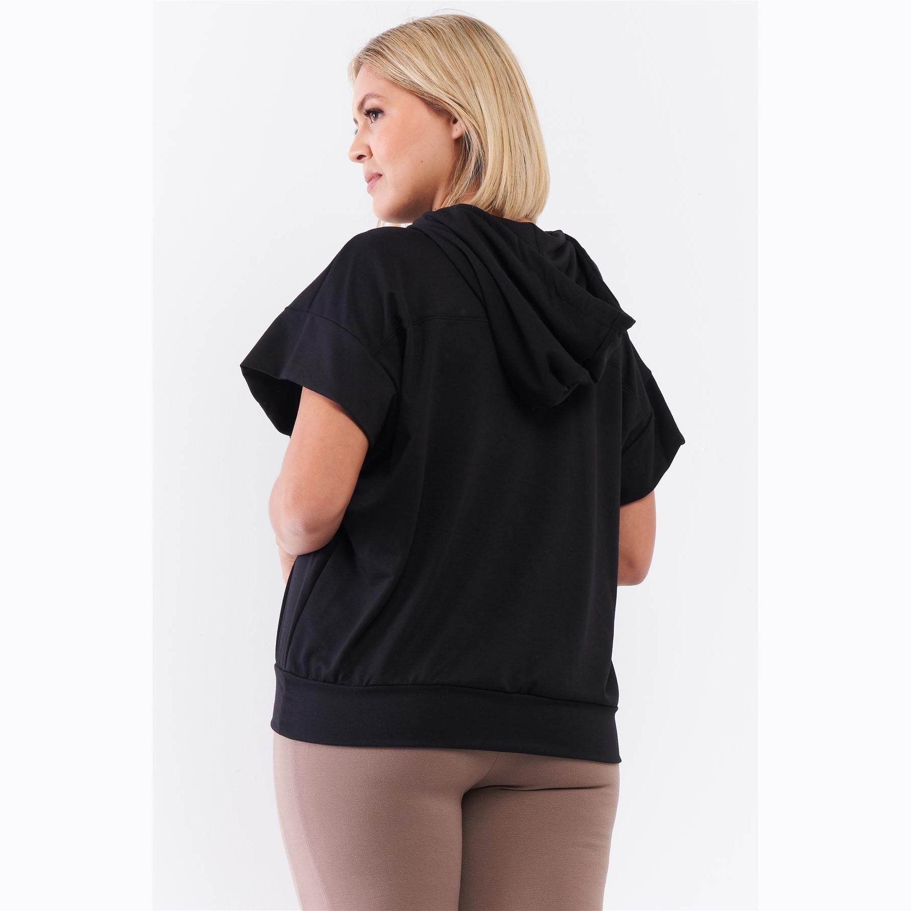 Black Short Wing Sleeve Draw String Tie Hood - VacationGrabs