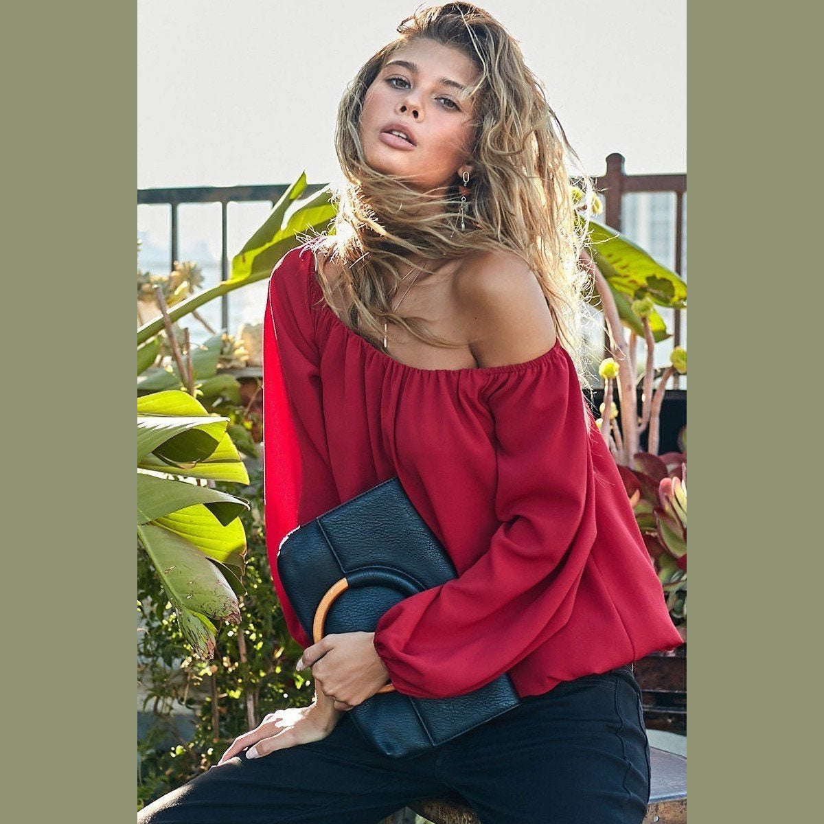 Off Shoulder Long Bubble Sleeve Solid Top