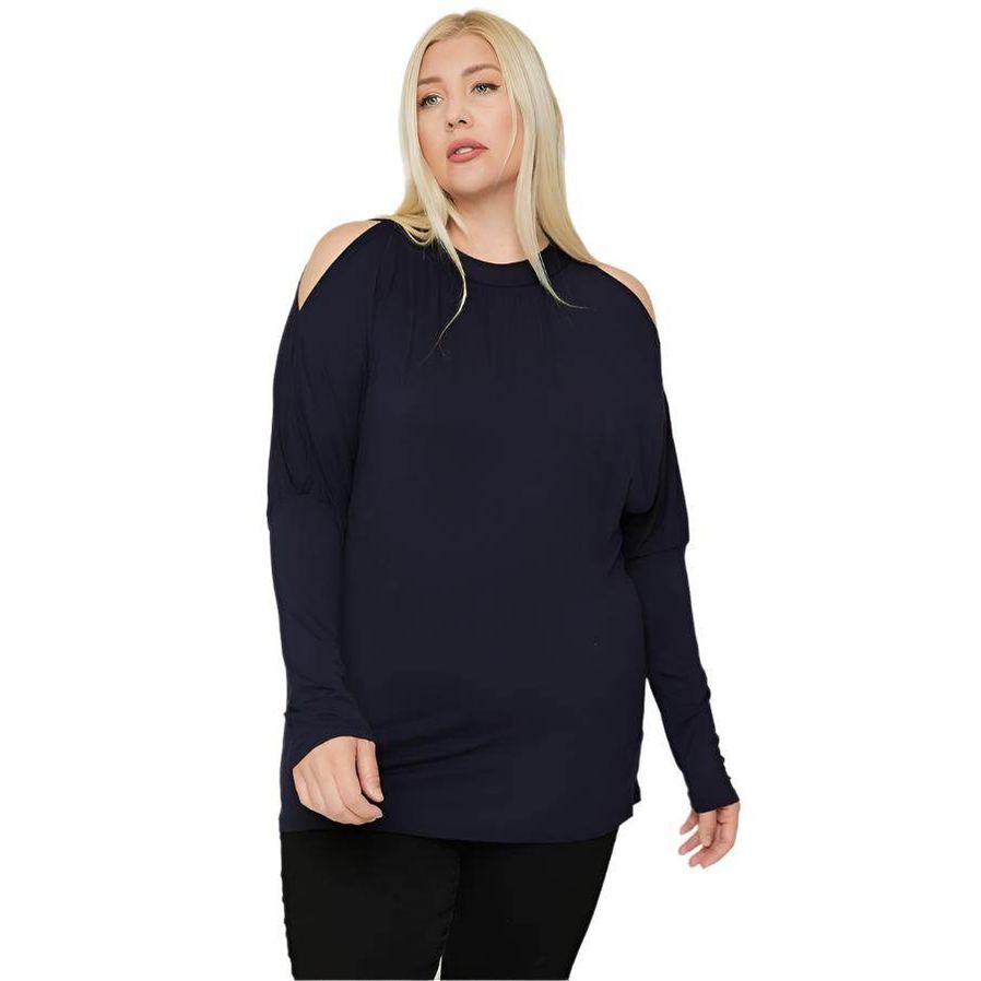 Plus Size Open Shoulder Long Sleeve Solid Tops - VacationGrabs