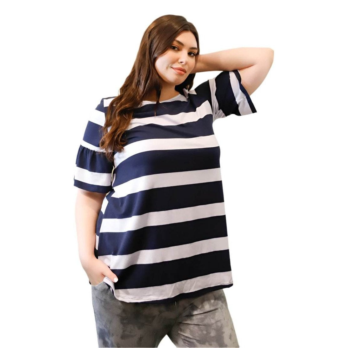 Plus Stripe Bell Short Sleeve Top - VacationGrabs