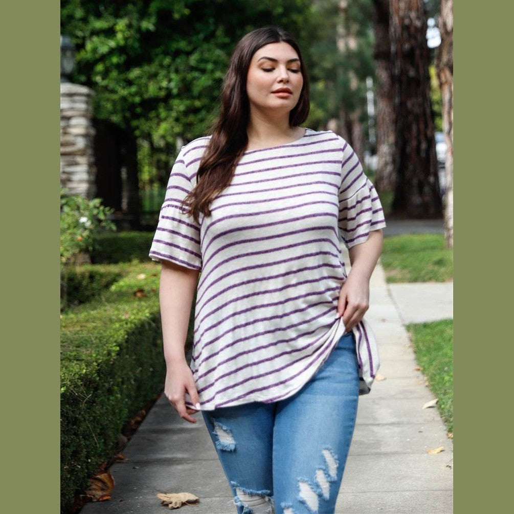 Plus Stripe Bell Short Sleeve Top - VacationGrabs