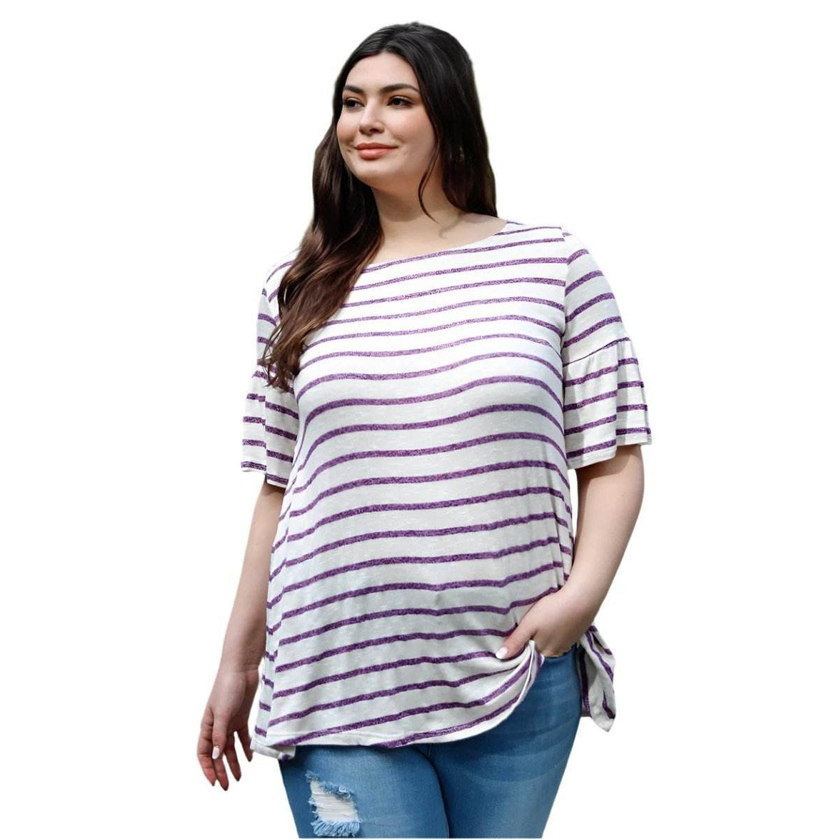 Plus Stripe Bell Short Sleeve Top - VacationGrabs