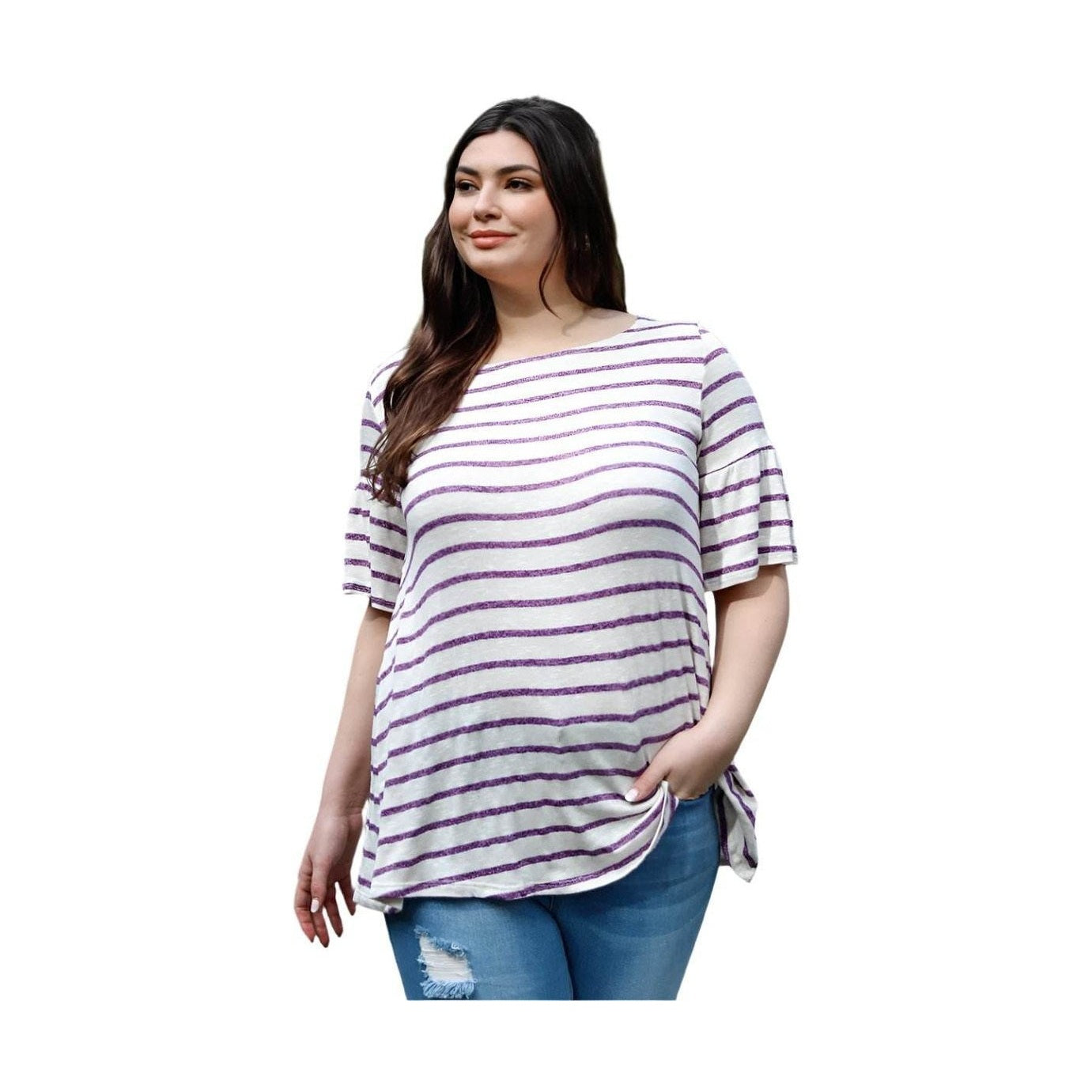 Plus Stripe Bell Short Sleeve Top - VacationGrabs