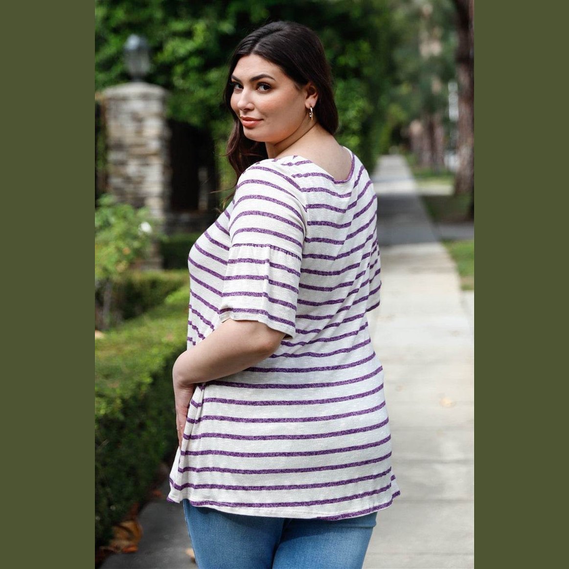Plus Stripe Bell Short Sleeve Top - VacationGrabs