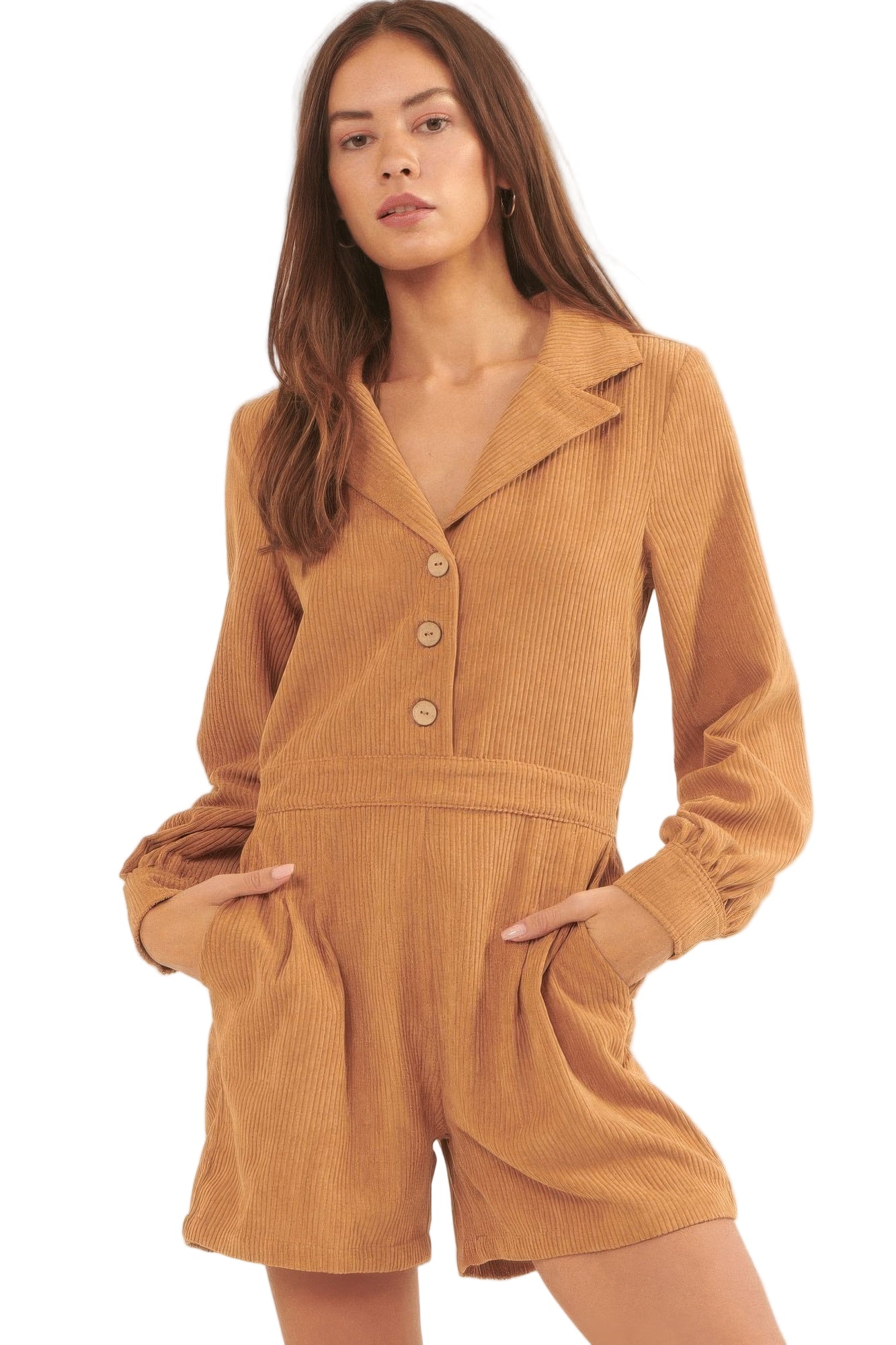 Stylish corduroy romper for vacation in tan with buttons and pockets for a chic summer look