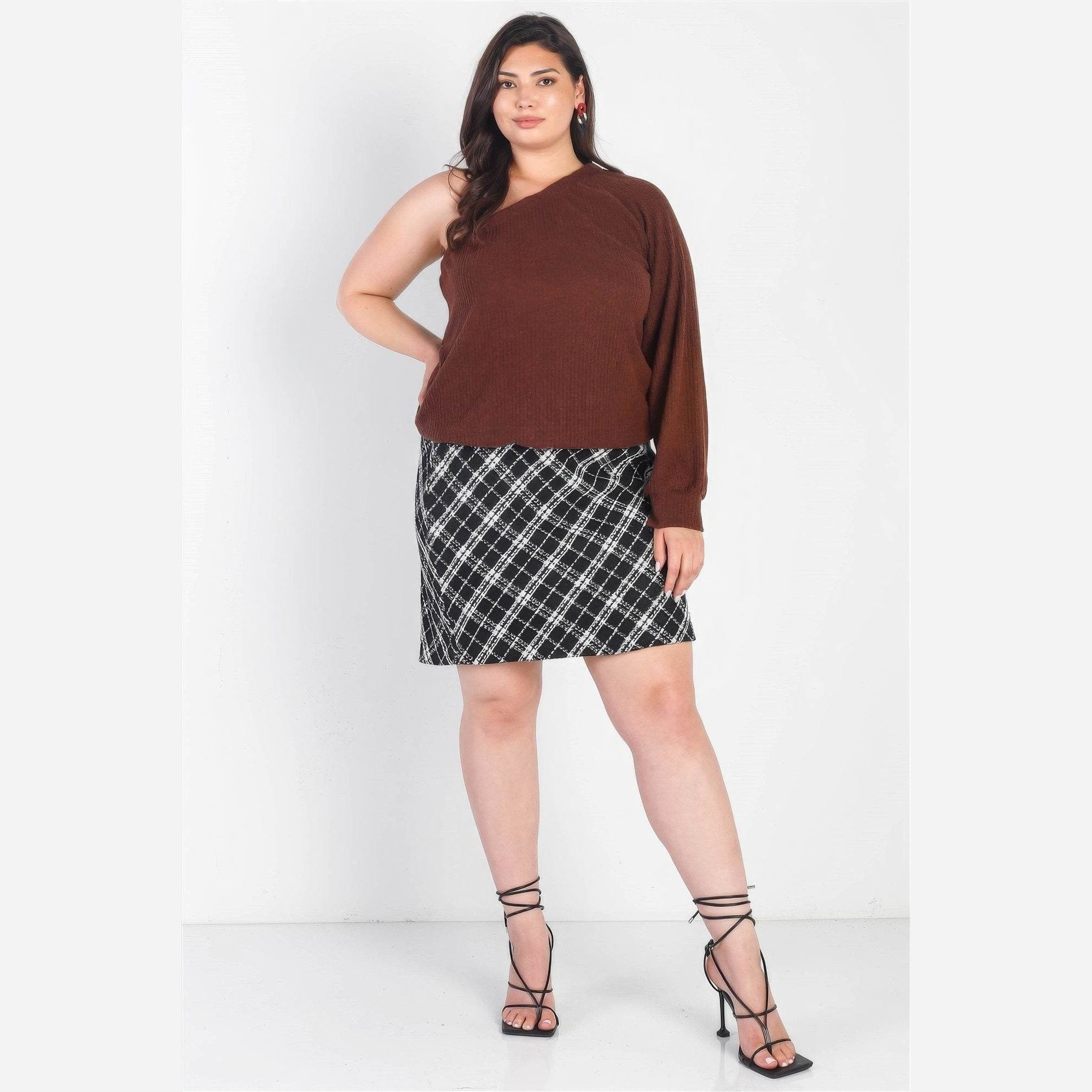 Plus Brown Ribbed Textured One Shoulder Top - VacationGrabs