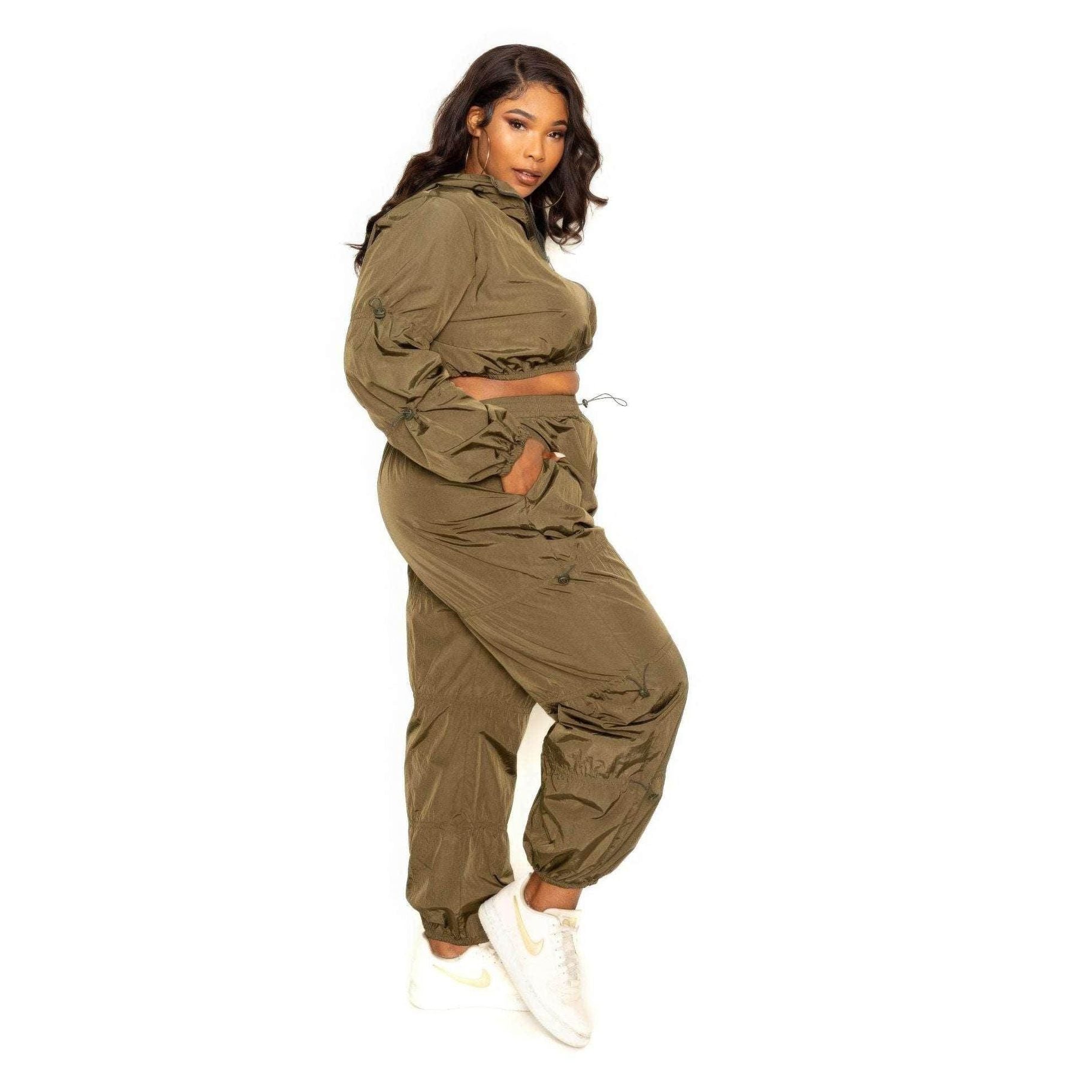 Olive Active Zip Up Set With Cord Lock Detail - VacationGrabs