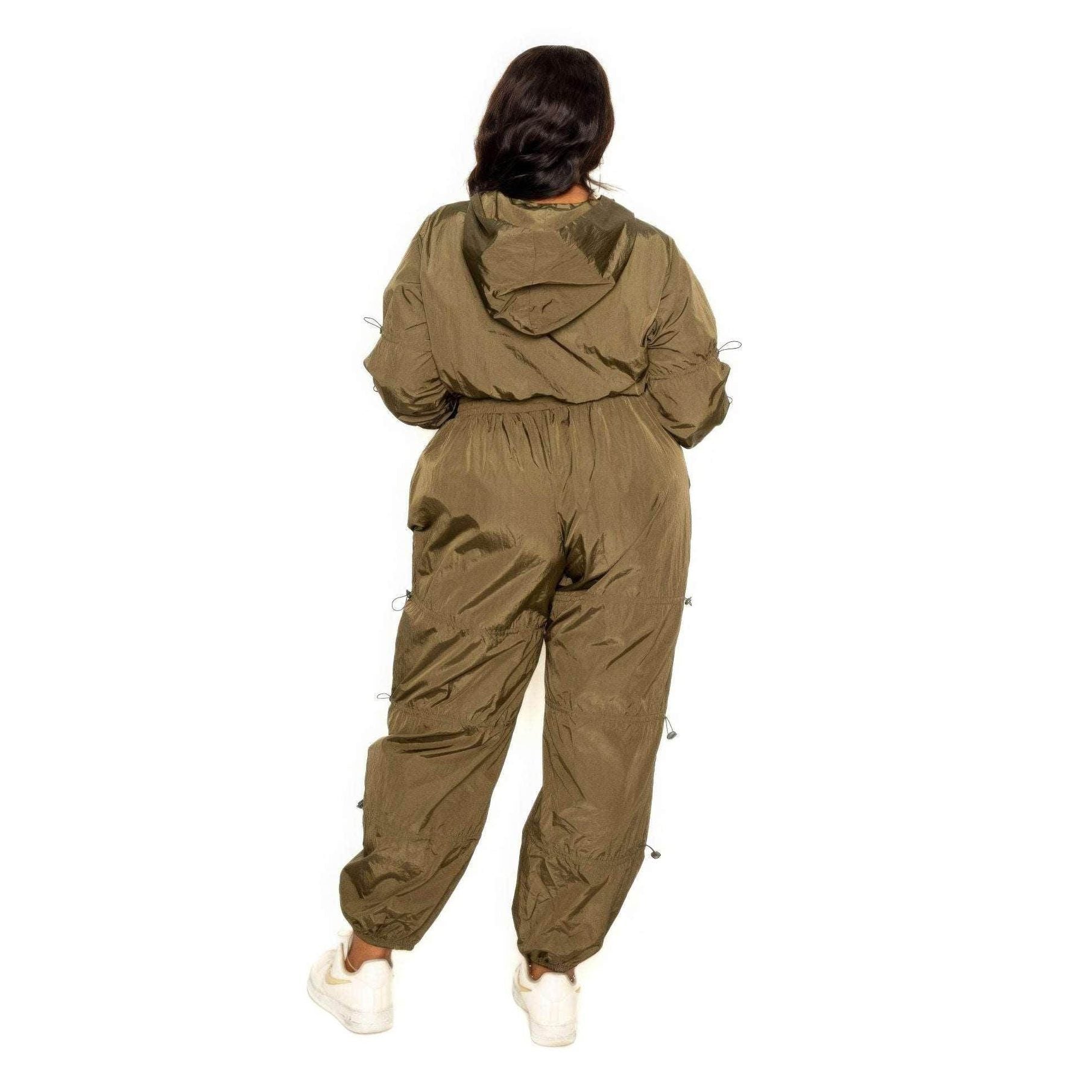 Olive Active Zip Up Set With Cord Lock Detail - VacationGrabs