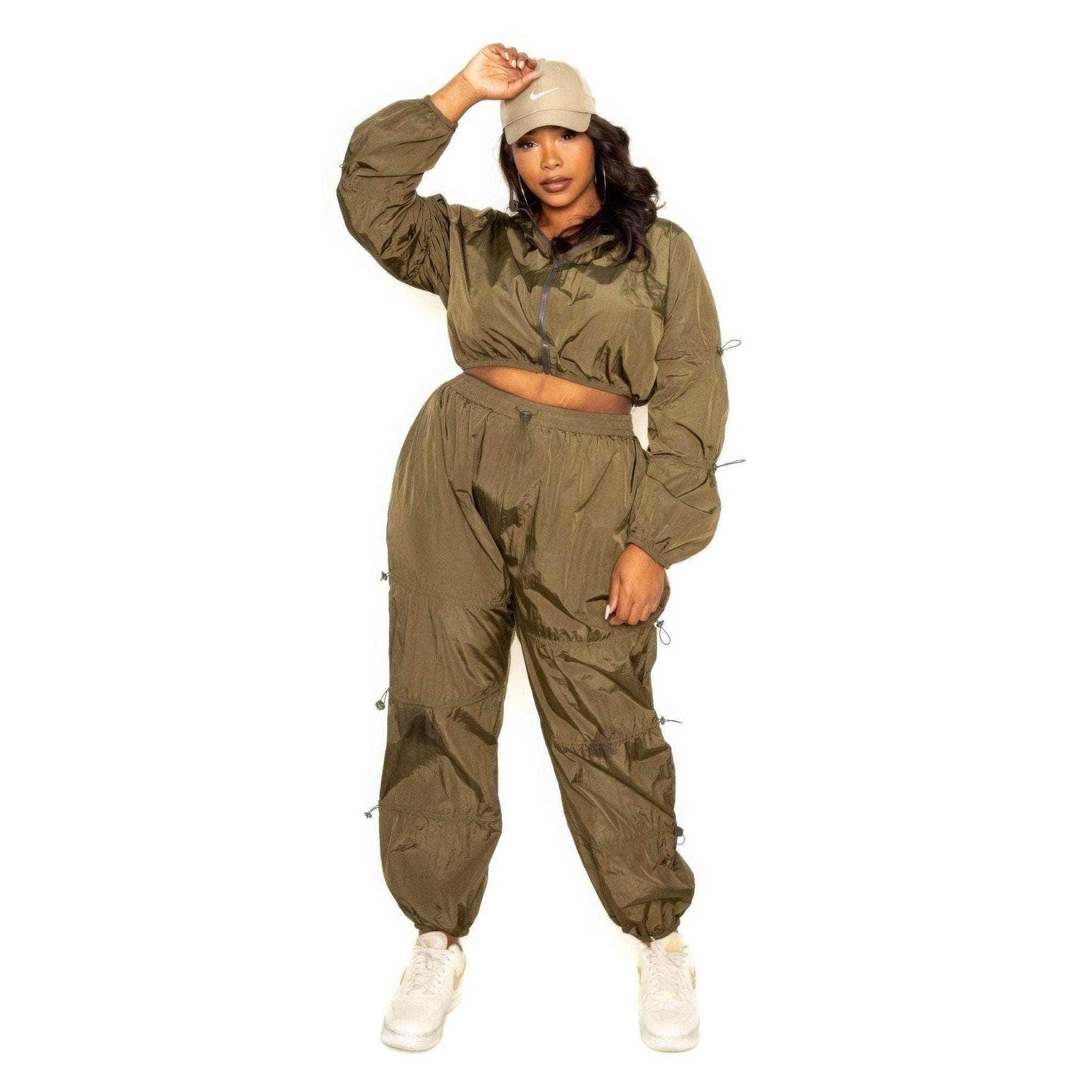 Olive Active Zip Up Set With Cord Lock Detail - VacationGrabs