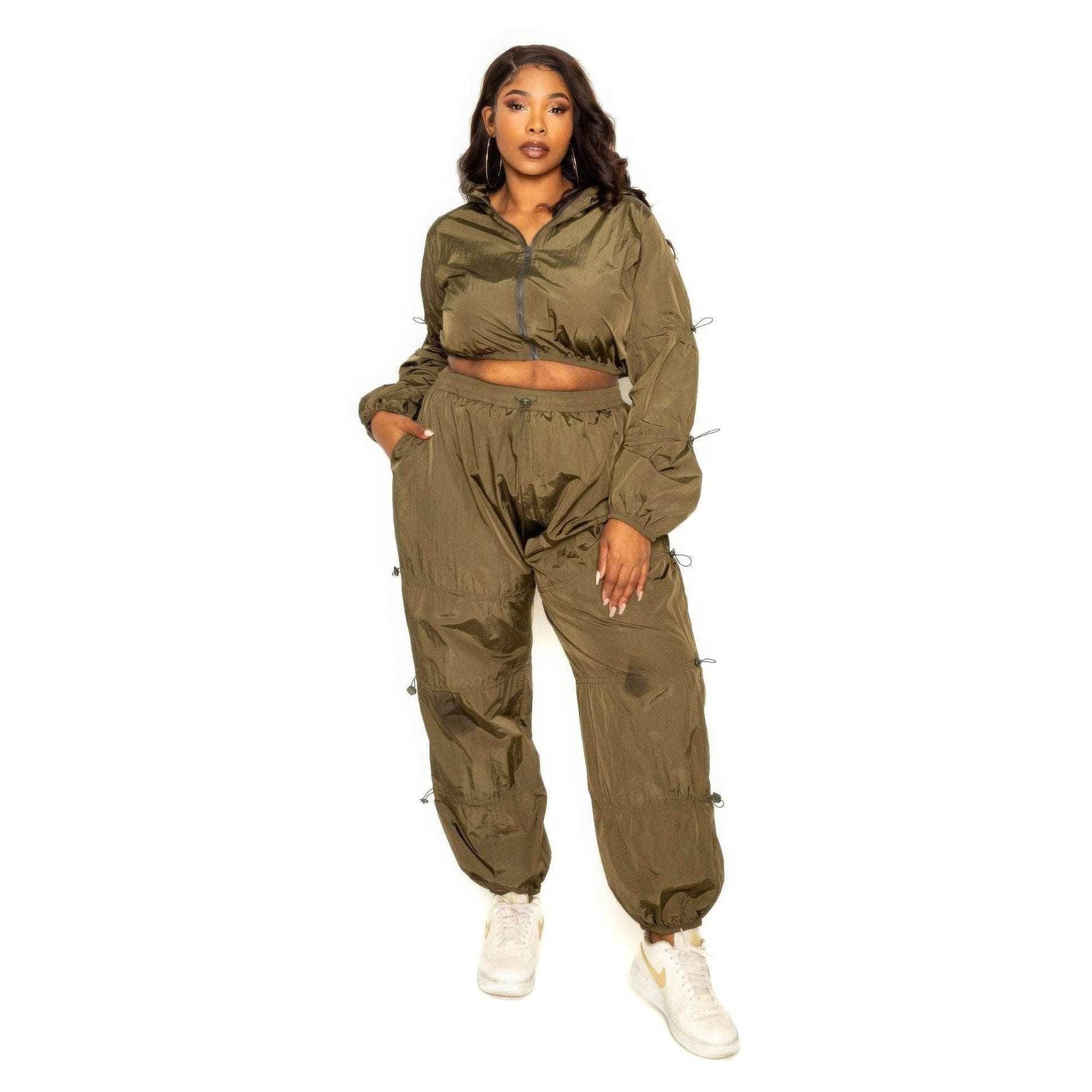Olive Active Zip Up Set With Cord Lock Detail - VacationGrabs