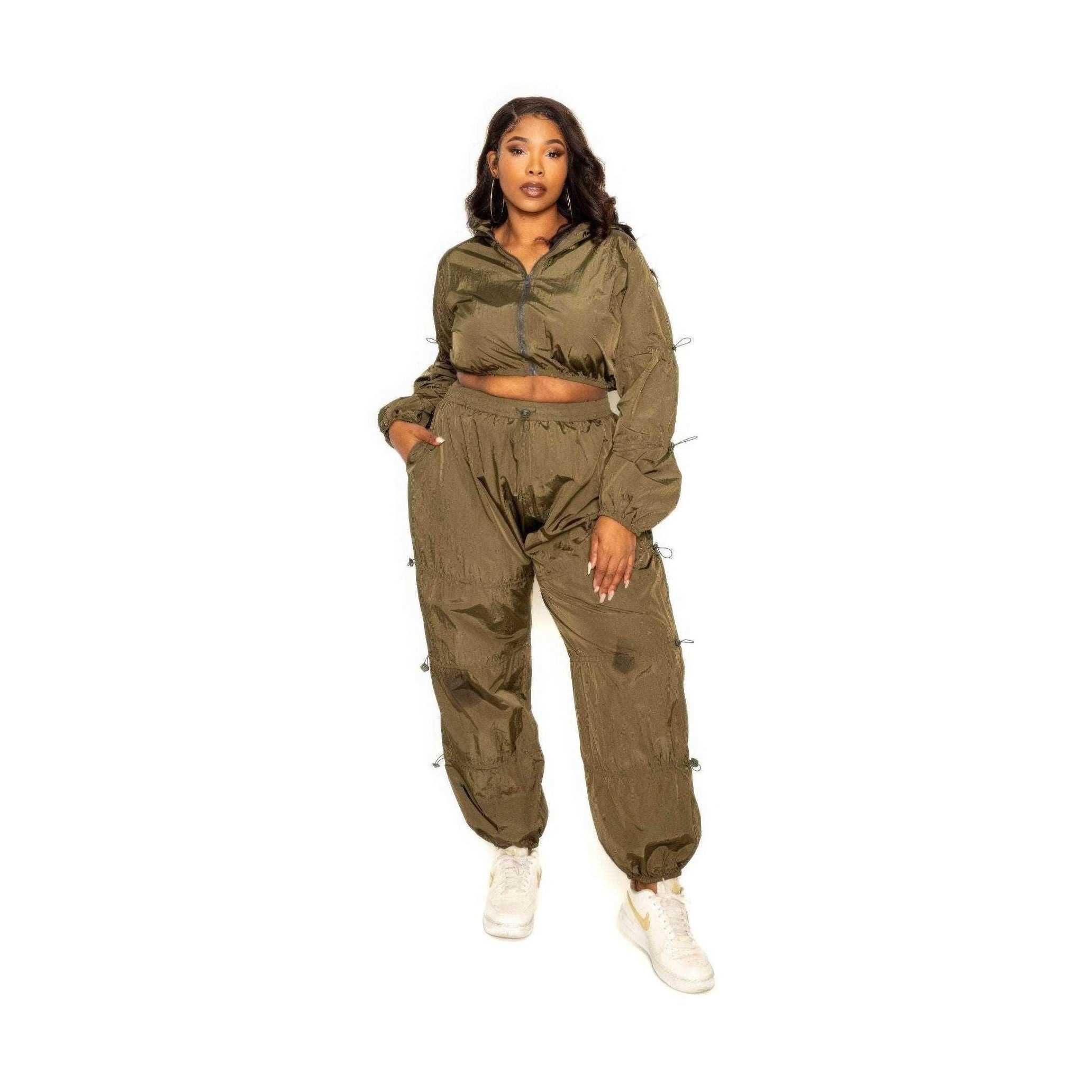 Olive Active Zip Up Set With Cord Lock Detail - VacationGrabs