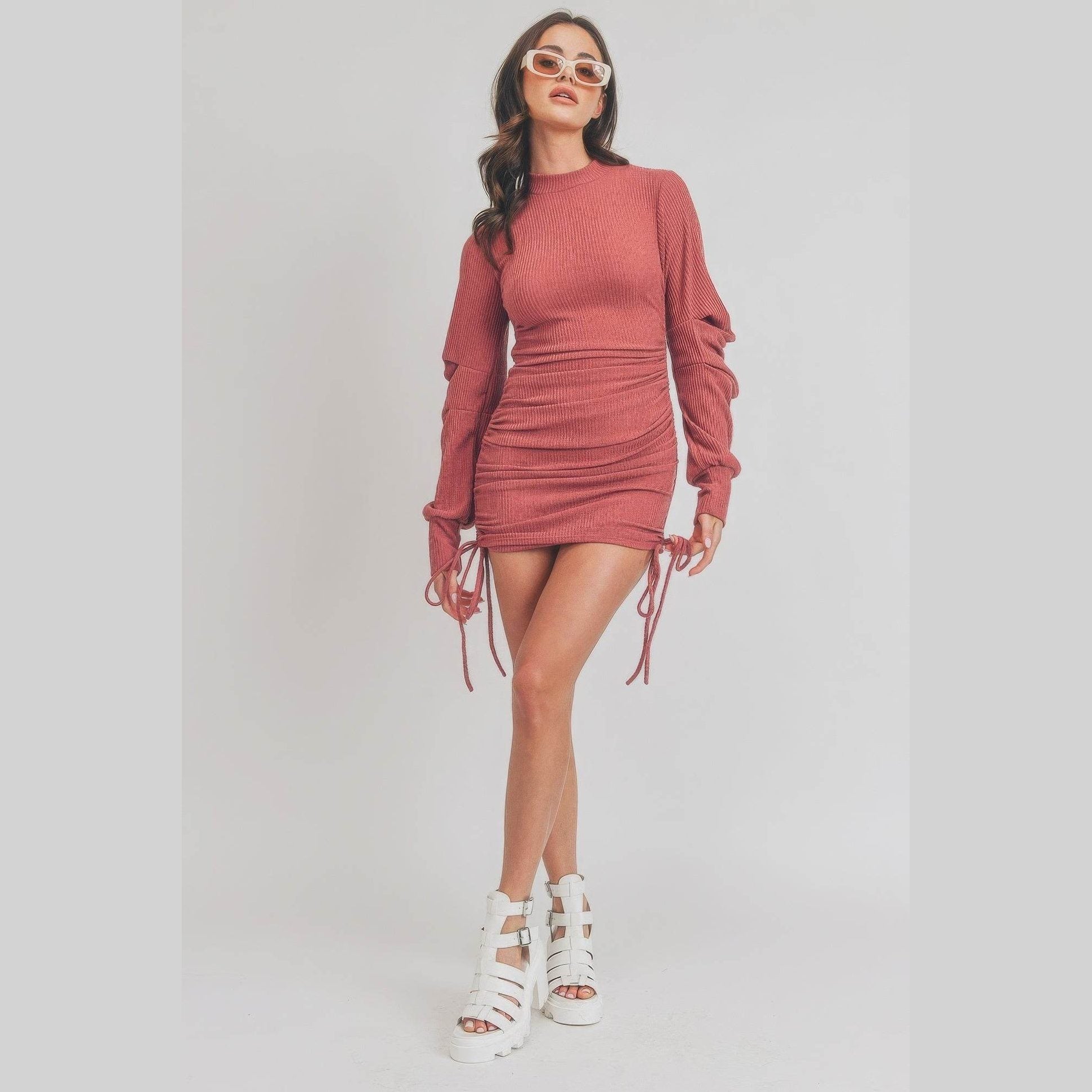 Solid Color Mock Neck Mini Bodycon Dress - VacationGrabs