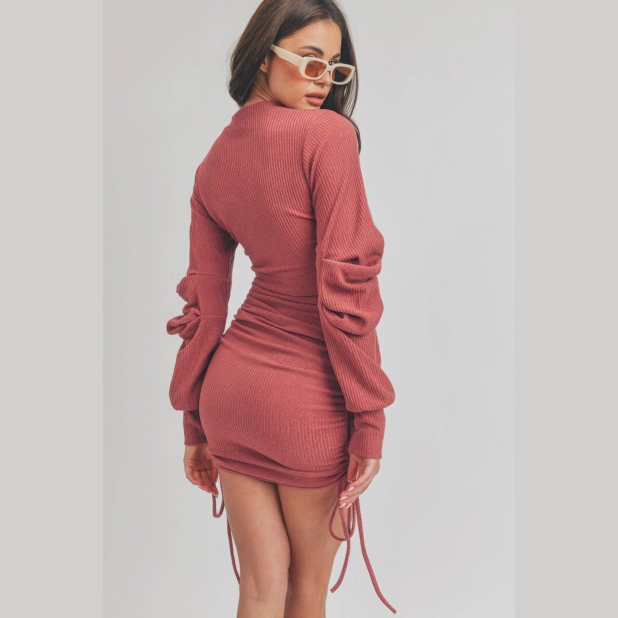 Solid Color Mock Neck Mini Bodycon Dress - VacationGrabs