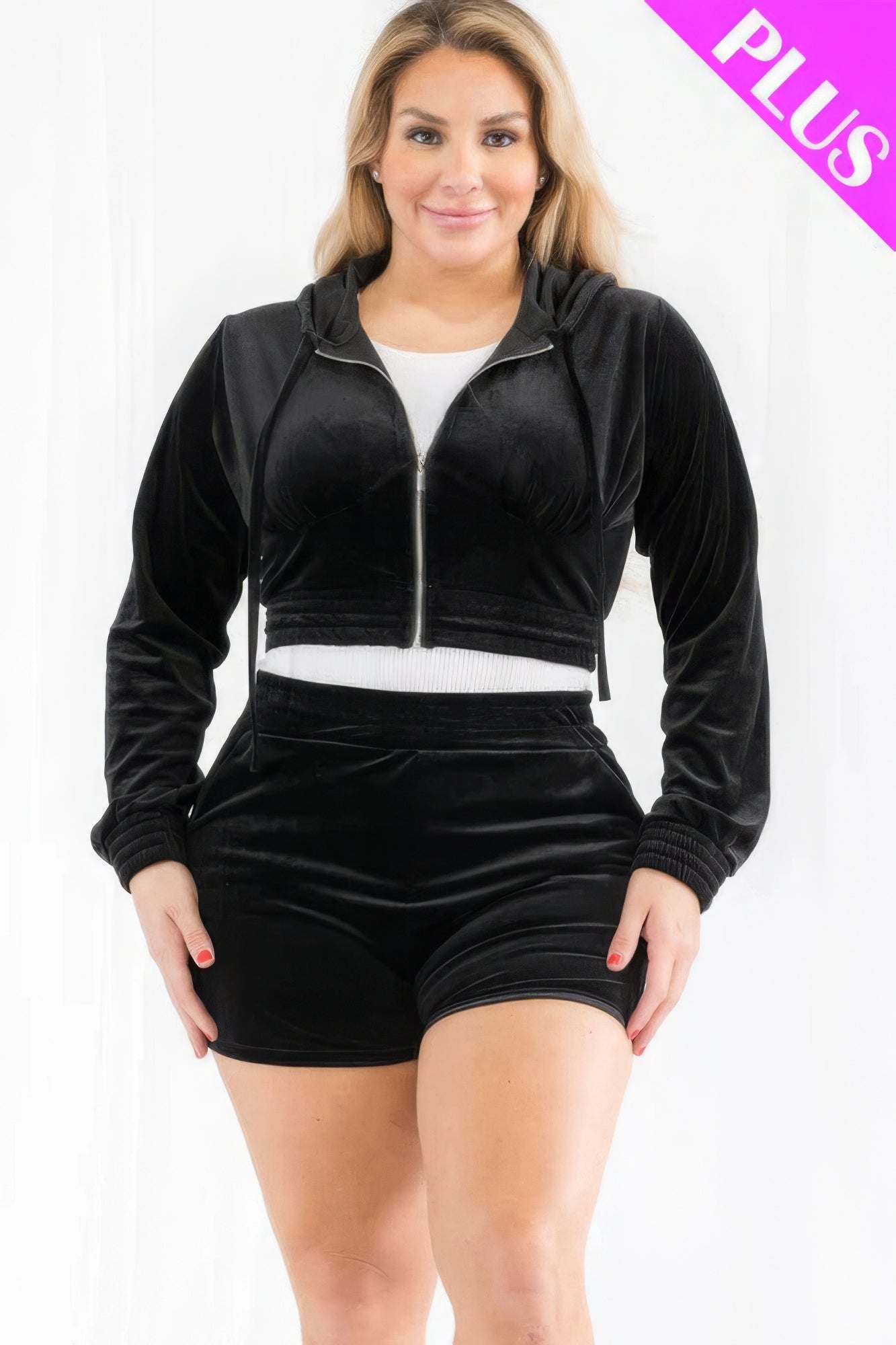 Women's Outfits & SetsPlus Size Velour Crop Zip Up Hoodie And Shorts Set - VacationGrabs