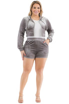 Women's Outfits & SetsPlus Size Velour Crop Zip Up Hoodie And Shorts Set - VacationGrabs