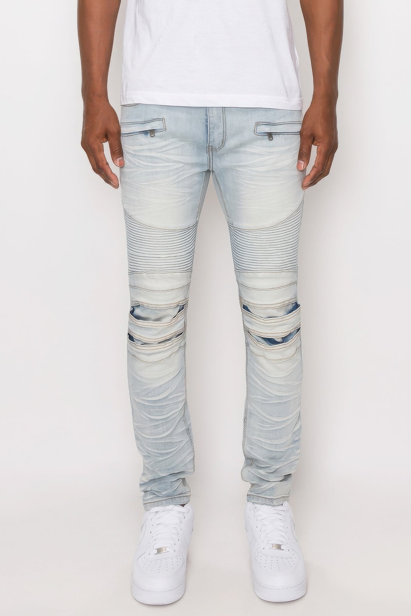 Men's Pants - JeansMen Creased Biker Denim Jeans - VacationGrabs