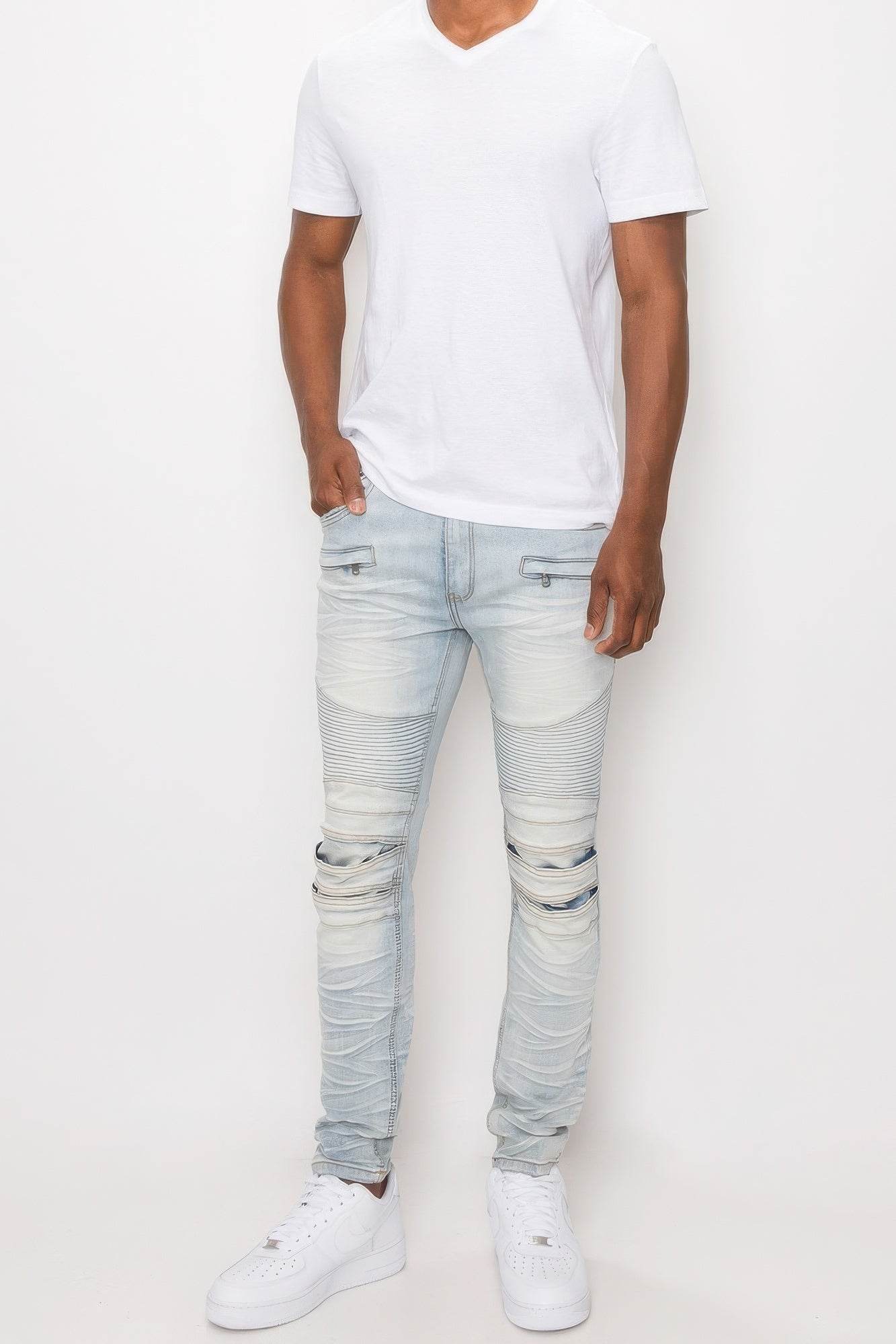 Men Creased Biker Denim Jeans - VacationGrabs