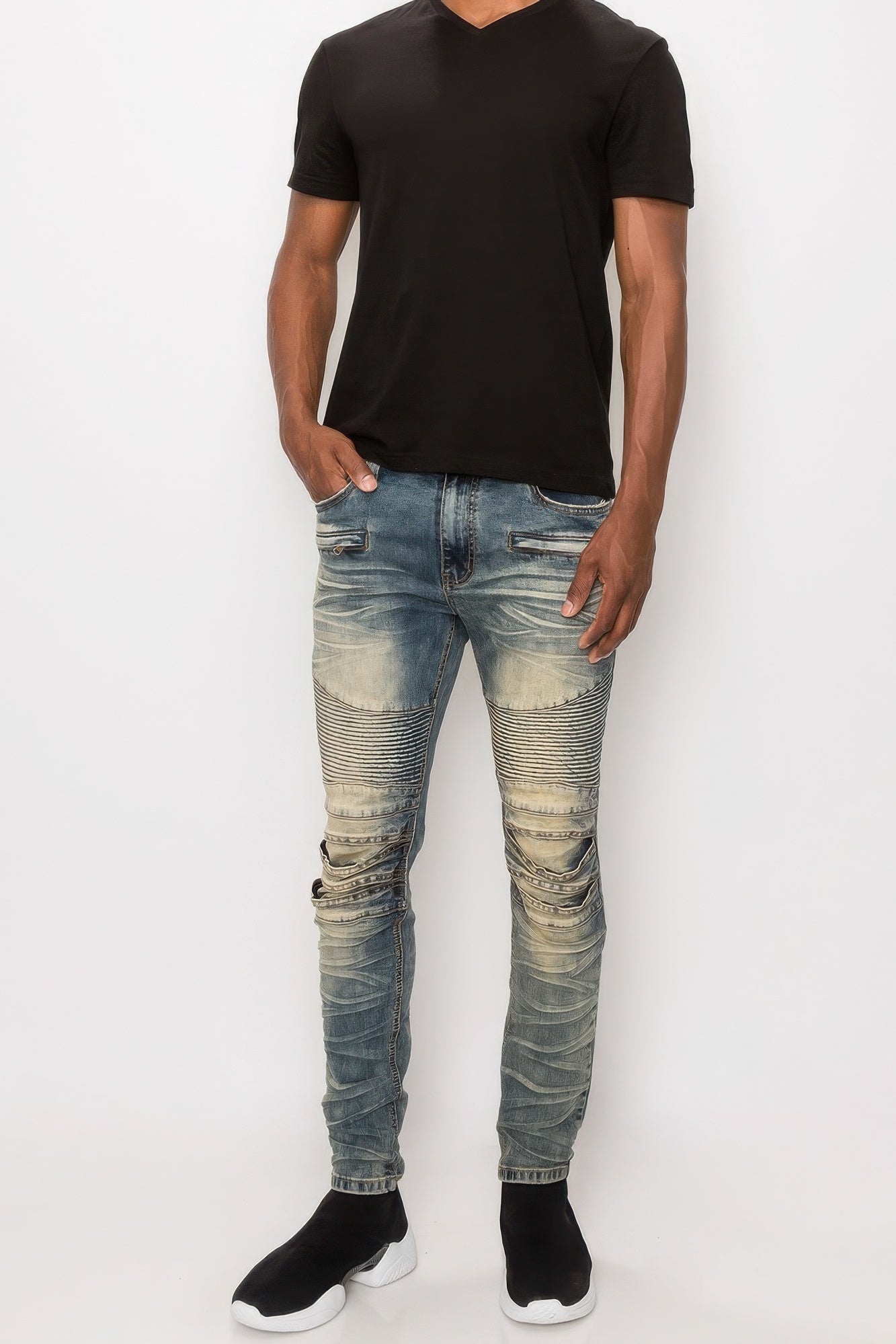 Men's Pants - JeansMen Creased Biker Denim Jeans - VacationGrabs