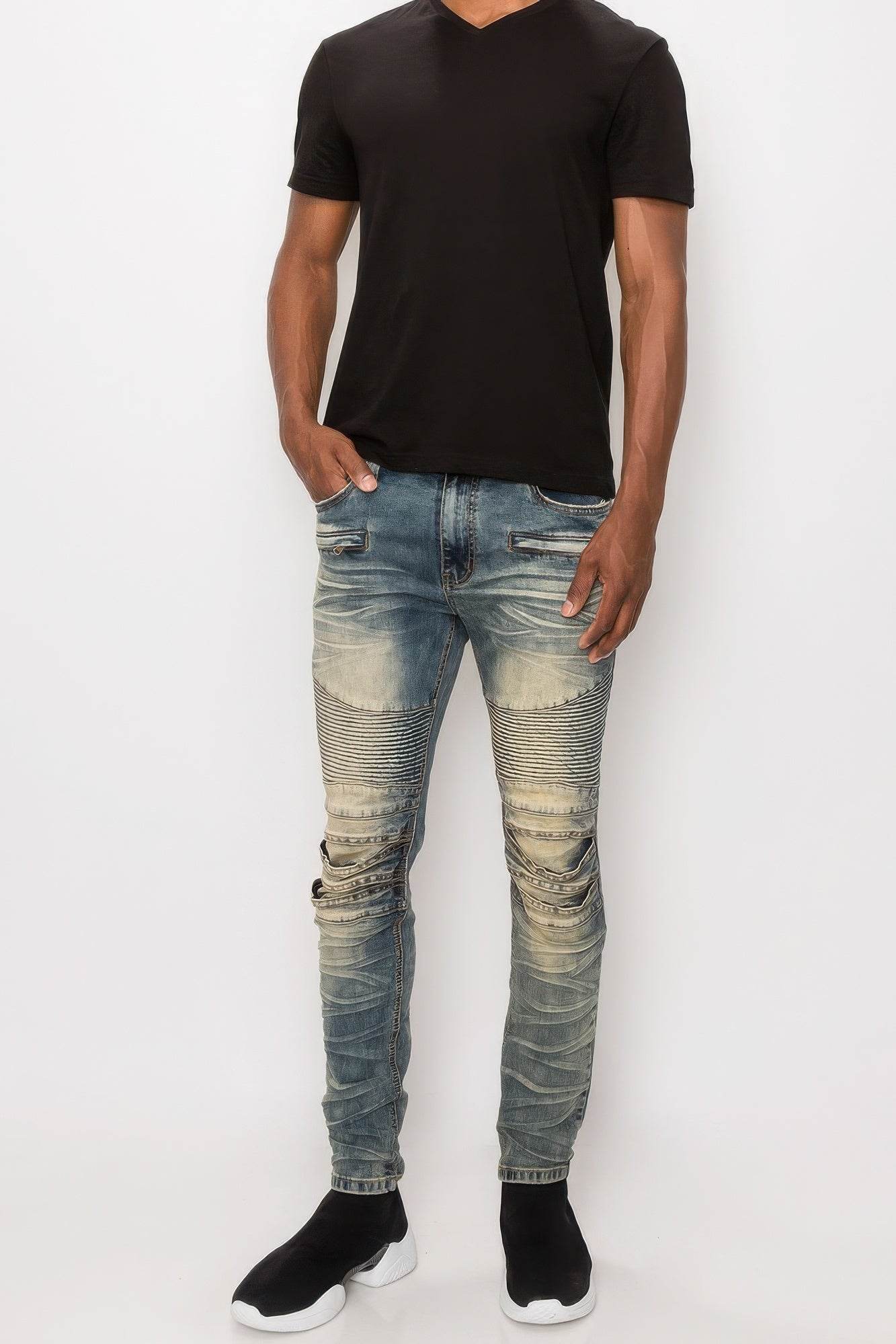 Men Creased Biker Denim Jeans - VacationGrabs