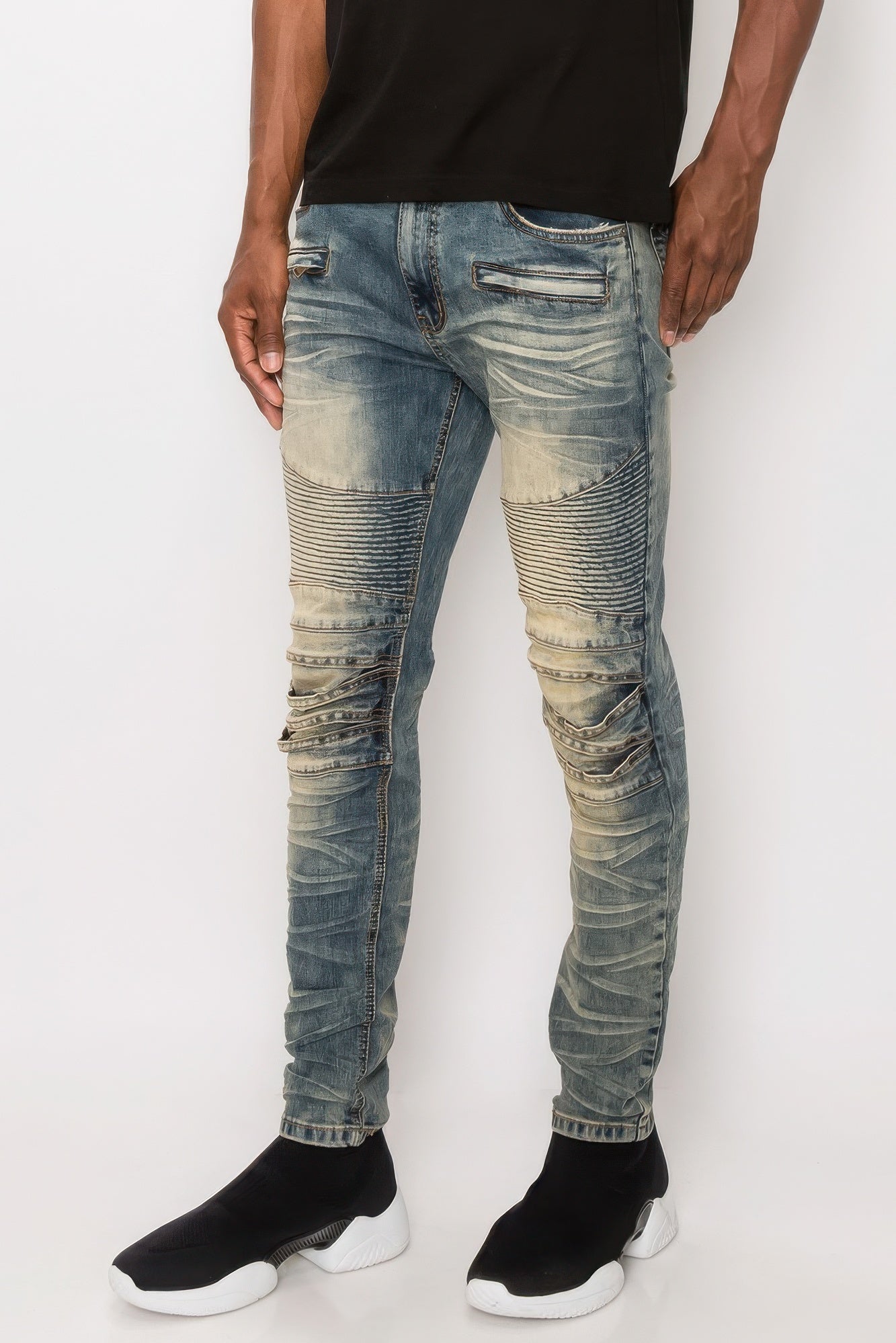 Men's Pants - JeansMen Creased Biker Denim Jeans - VacationGrabs