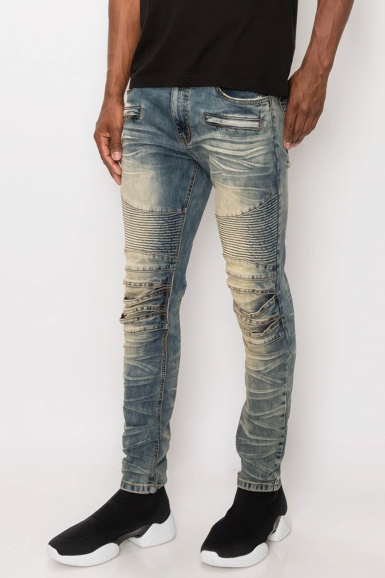 Men Creased Biker Denim Jeans - VacationGrabs