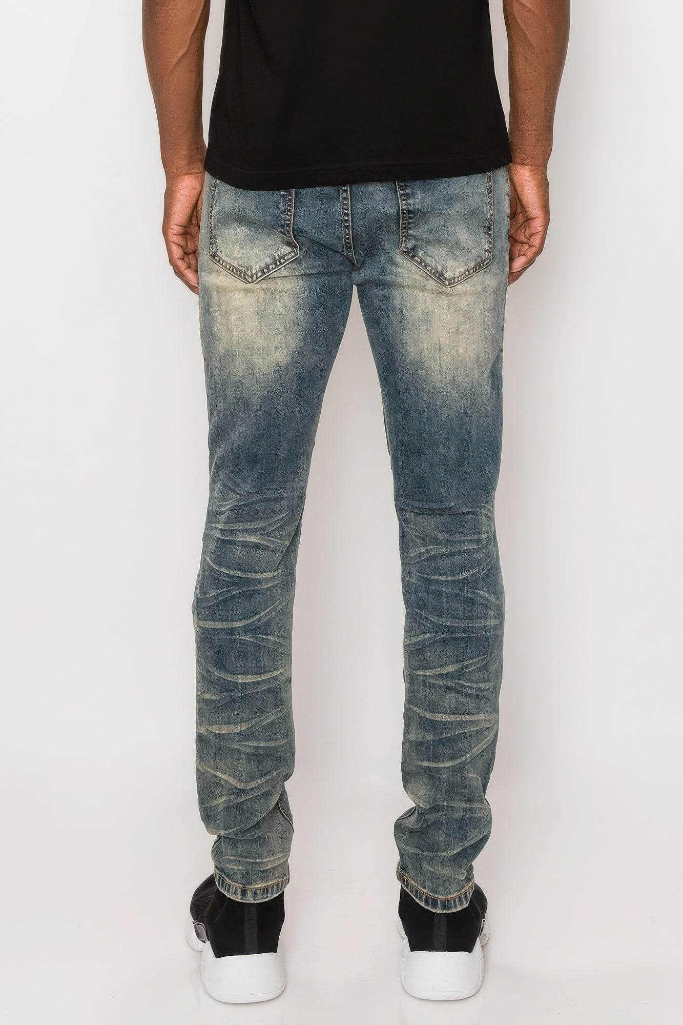 Men Creased Biker Denim Jeans - VacationGrabs