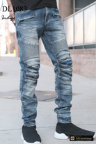 Men's Pants - JeansMen Creased Biker Denim Jeans - VacationGrabs