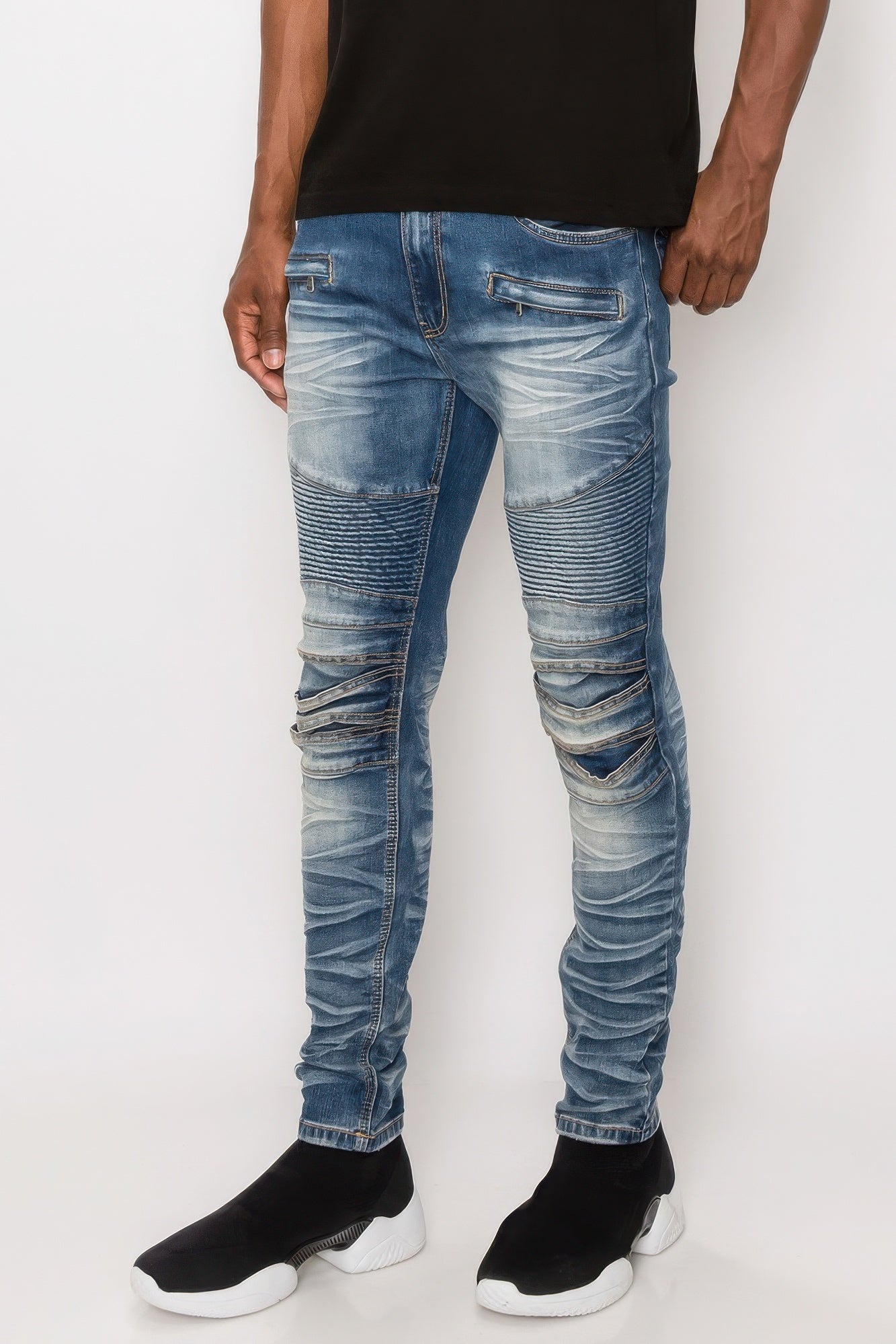 Men's Pants - JeansMen Creased Biker Denim Jeans - VacationGrabs