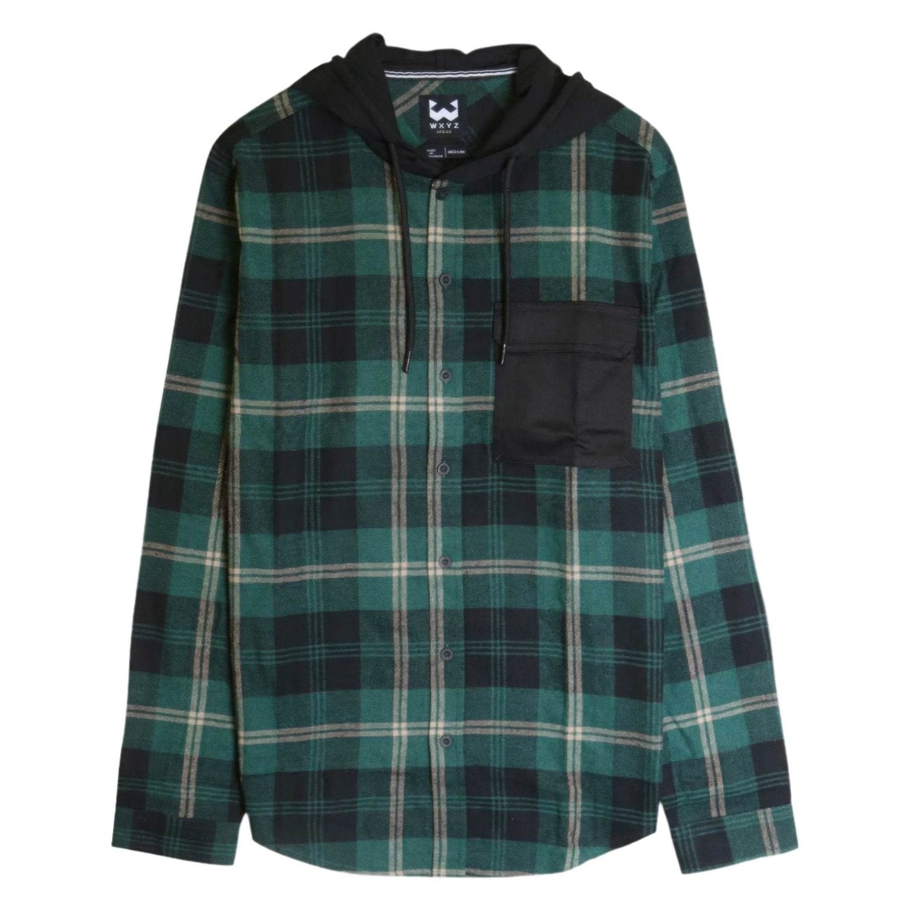 Contrast Pocket Plaid Hooded Shirt - VacationGrabs