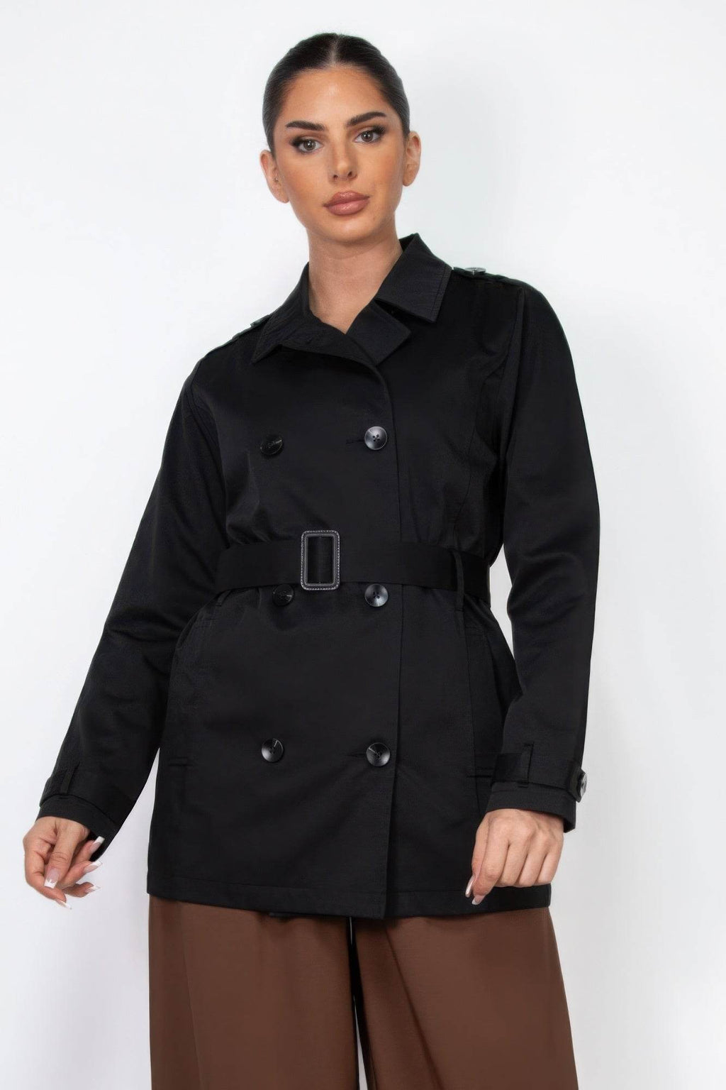 Double-breasted Notch Belted Coat - VacationGrabs