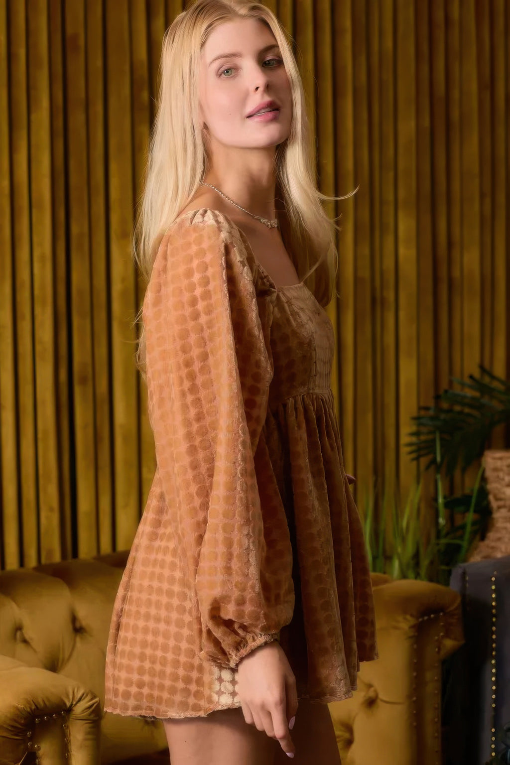 Women's velvet square neck romper in warm tones, perfect for stylish summer outings