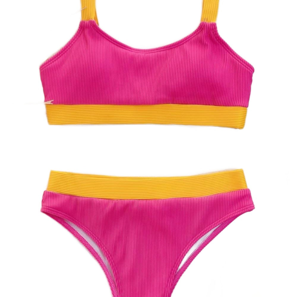 Women's Swimwear - 2PC Color Block Scoop Neck Bikini Set