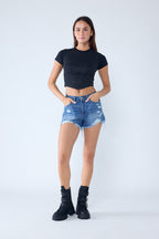 Super High Rise Destructed Mom Denim Shorts