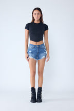 Super High Rise Destructed Mom Denim Shorts