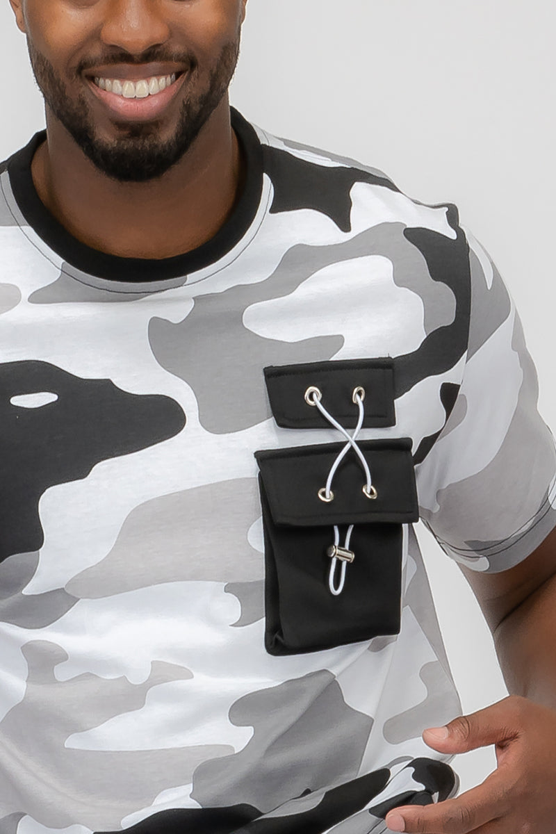 Full Camo Digital Print T-Shirt with Chest Toggle Pocket