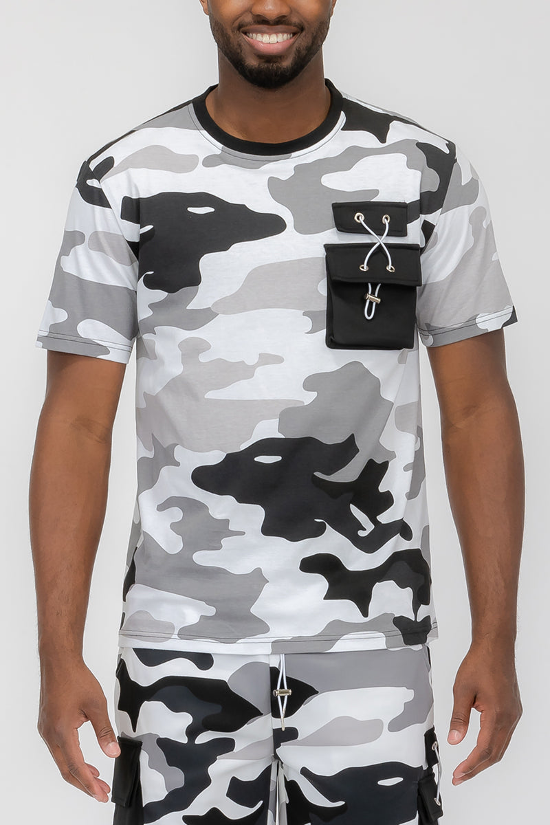 Full Camo Digital Print T-Shirt with Chest Toggle Pocket
