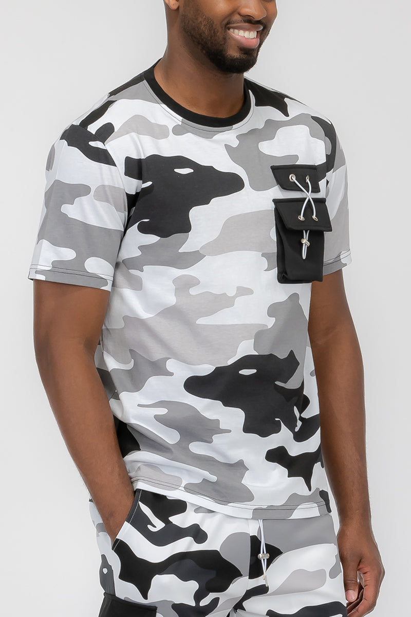 Full Camo Digital Print T-Shirt with Chest Toggle Pocket