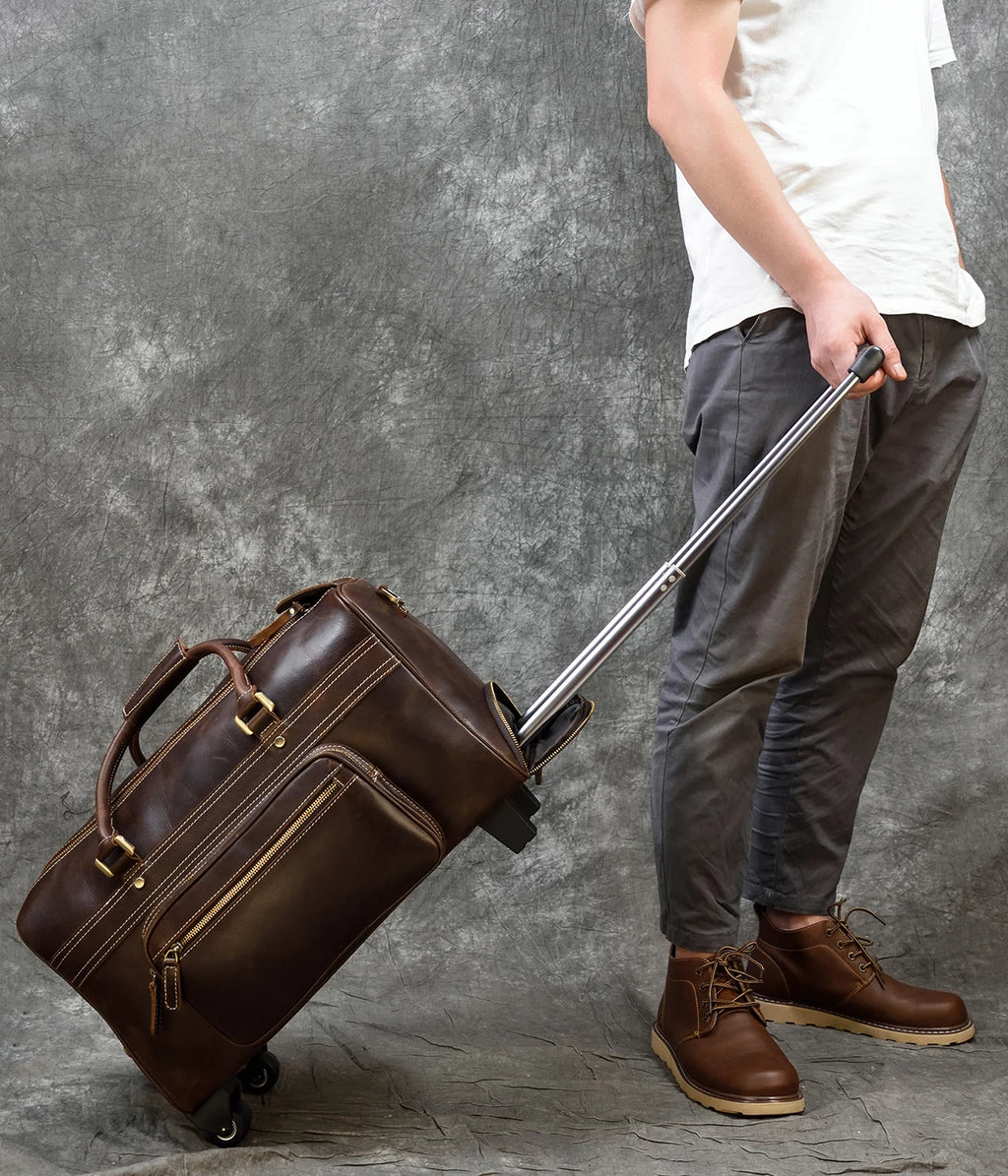 Rolling Genuine leather hand luggage travel bag with wheels