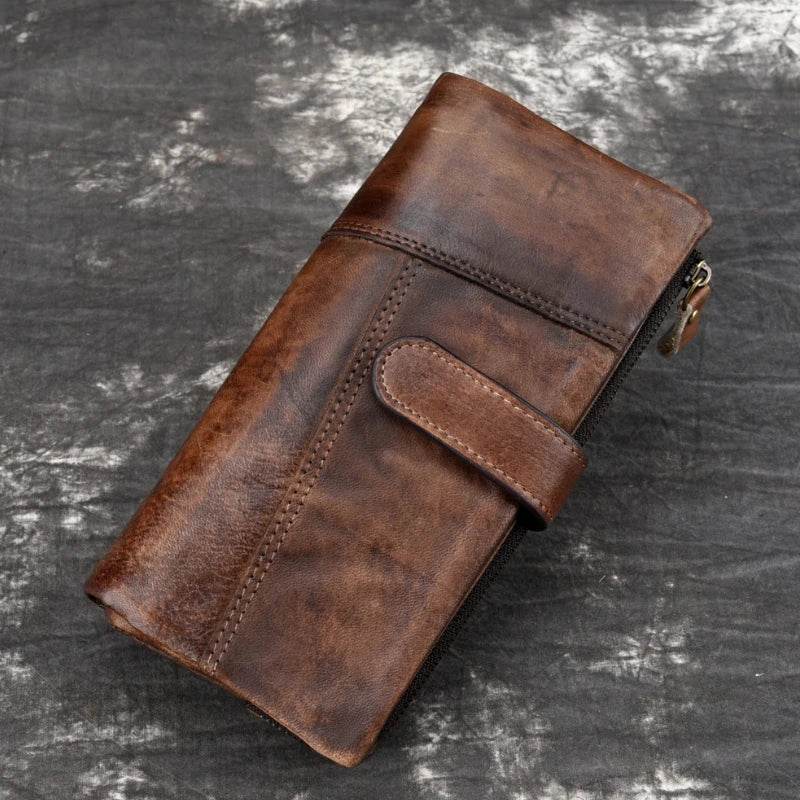 Vintage Wax Oil Skin Long Purse Genuine Leather RFID Wallet for Men - VacationGrabs