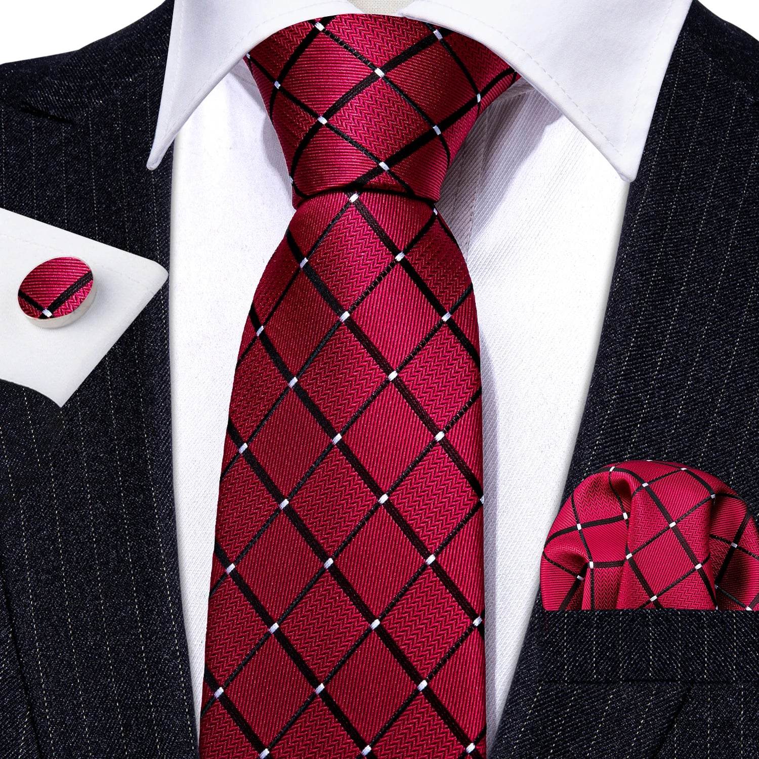 Red Plaid Silk Tie Set for Men - VacationGrabs