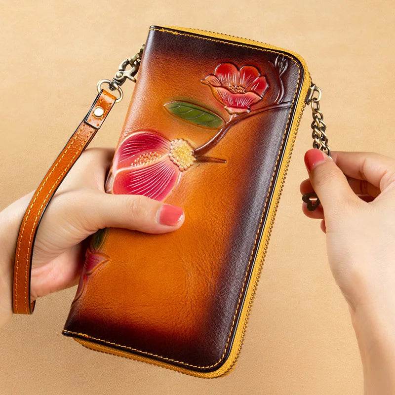 RFID Ladies Leather Wallet Top Layer Cowhide Zippered Clutch Bag - VacationGrabs