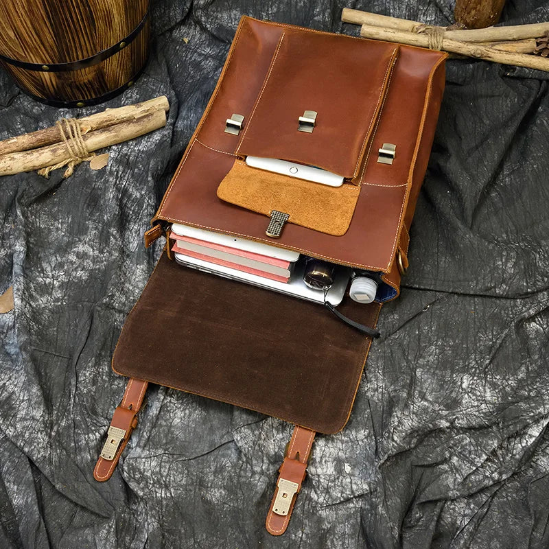 Genuine Leather Men's Backpack Crazy Horse Leather Fit 14" Laptop
