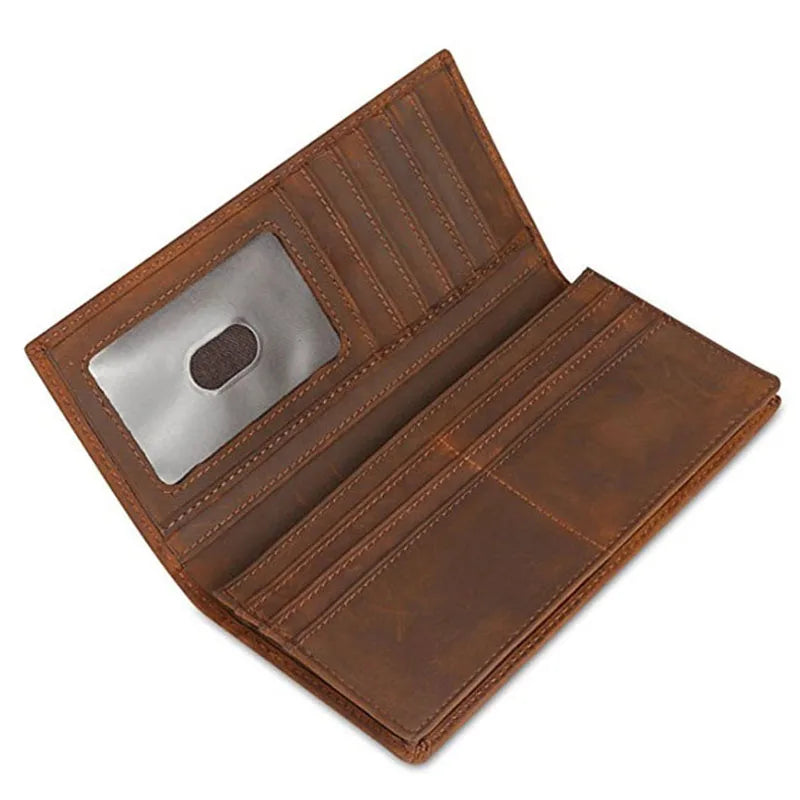 Vintage Crazy Horse Leather Long Wallet – Men's & Women's Bifold
