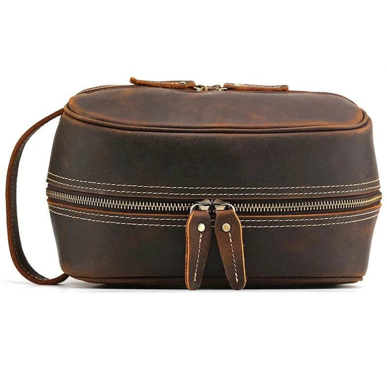 Thick Leather Clutch Bag for Men Genuine Leather Toiletry Kit Bag - VacationGrabs