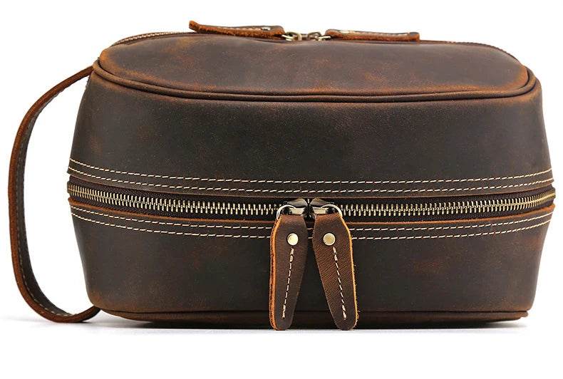 Thick Leather Clutch Bag for Men Genuine Leather Toiletry Kit Bag - VacationGrabs