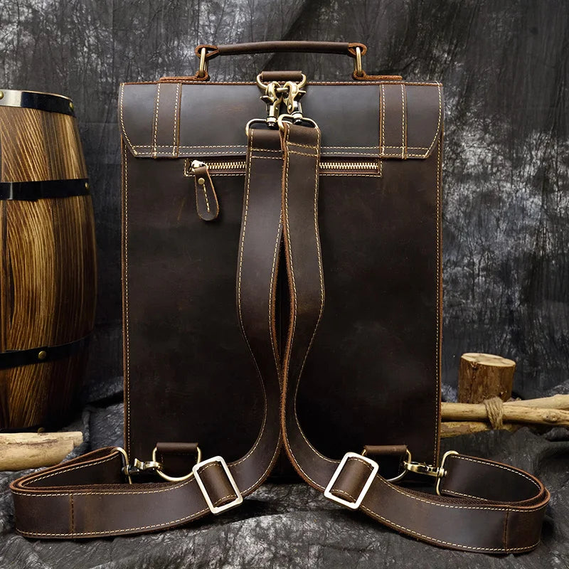 Genuine Leather Men's Backpack Crazy Horse Leather Fit 14" Laptop