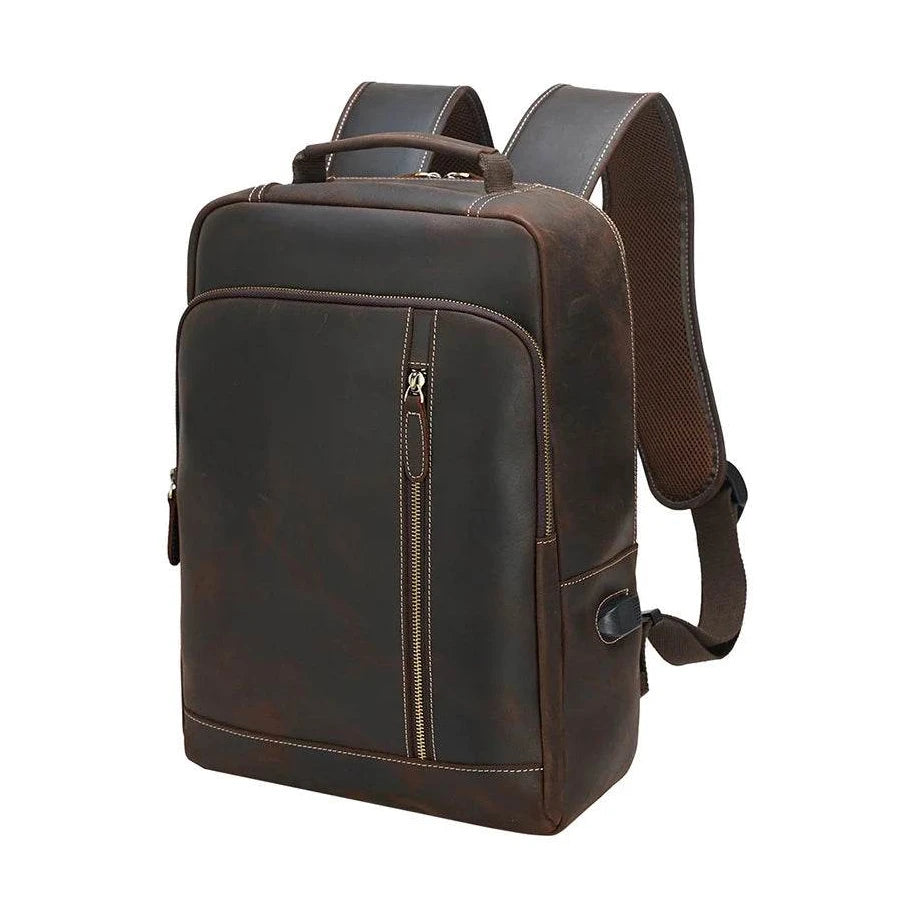 Crazy Horse Leather Laptop Backpack for Men Business School - VacationGrabs