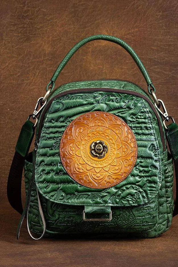  Retro Leather Backpack Embossed Flower Bag 4 Vintage Colors Women's